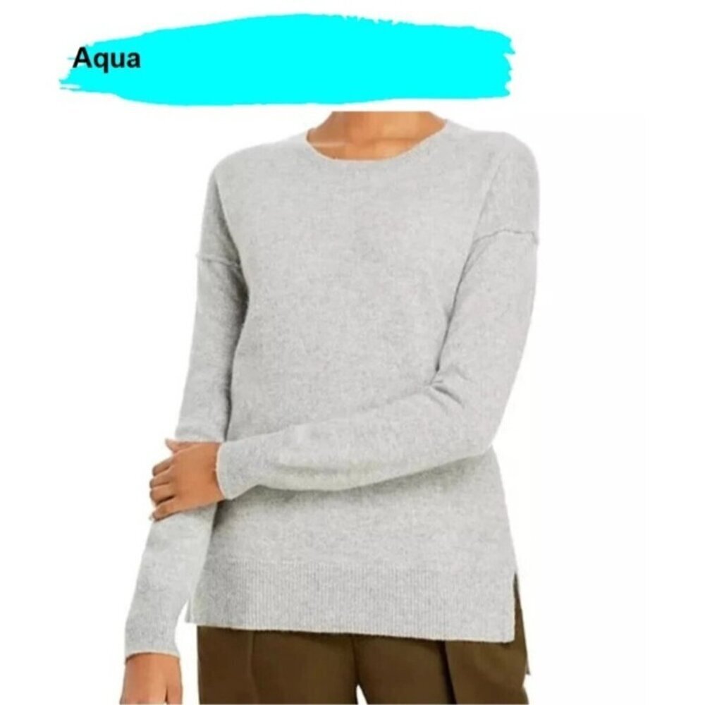 Aqua Cashmere High Low Crewneck Sweater, Light Grey Size XS